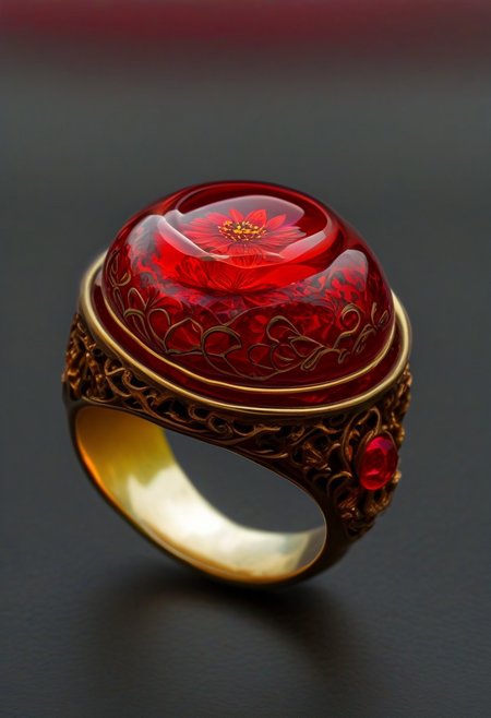 End_JewelryMorph, a ring with a red flower inside a red glass dome