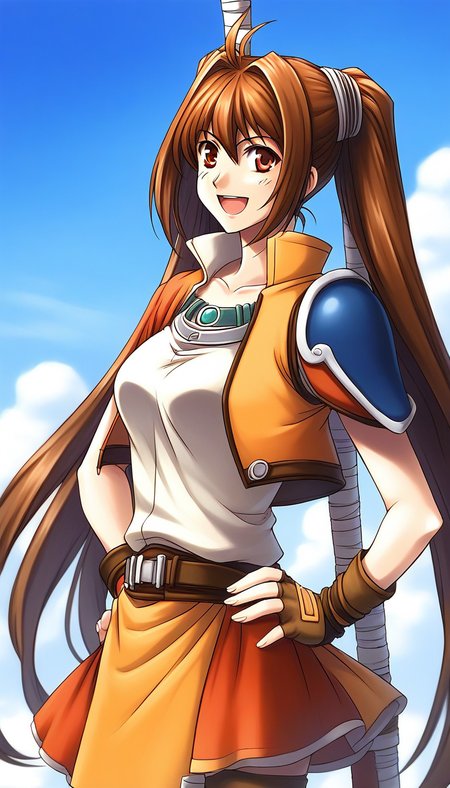 score_9, score_8_up, score_7_up, source_anime, rating_explicit, BREAKã <lora:Estelle_Bright_Retro_XL:1> Estelle_Bright, brown hair, long hair, red eyes, ahoge, brown eyes, very long hair, hair intakes,  medium breasts,
solo, twintails, thighhighs, staff, skirt, orange skirt, gloves, fingerless gloves, weapon, smile, belt, zettai ryouiki, miniskirt, hand on hip, open mouth, shirt, armor, jacket, jewelry
outdoor, day, sky,
looking at viewer, 
cowboy_Shot,