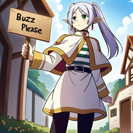 score_9, score_8_up, score_7_up,source_anime,BREAK ,solo, 1girl, (((Frieren with a sign with text "Buzz Please!" <lora:buzz-text:.85>))), brown boots, twintails, earrings, black pantyhose, black belt, capelet, white skirt set, striped shirt, white jacket, white hair, elf, 
outdoors, ,best quality, high quality,high contrast, complex background CG, HD wallpaper, best quality, village