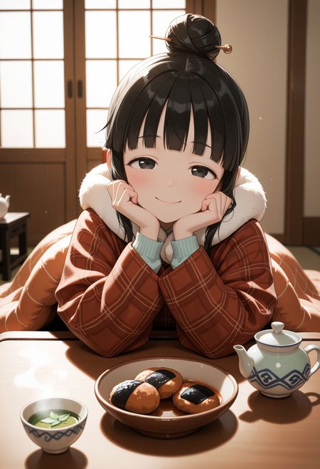 masterpiece,best quality,absurdres,highres,very aesthetic,high quality,detailed,insanely detailed,beautiful,perfect lighting, looking at viewer, 
 <lora:Mokuren illu:1> 1girl, black hair, black eyes, single hair bun, blunt bang, hair ornament, sidelocks, hair stick, winter clothes, tea, kotatsu, low table, small japanese teapot, green tea, senbei, smile, blush, looking at viewer,