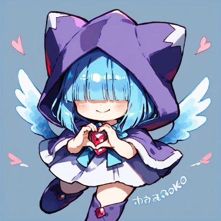 score_9, solo, no humans, chibi
 <lora:Mahoko:0.8> mahoko, blue hair, wings, hood, hair over eyes, hood up, capelet, gem, purple footwear, blunt bangs, heart hands, smile, blushing