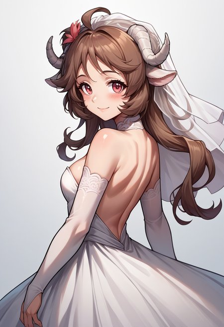 score_9, score_8_up, source_anime, 1girl, solo, Eyjafjalla, curled horns, ahoge, backless dress, bridal gauntlets, bridal veil, eyelashes, from side, looking at viewer, strapless dress, wedding dress, white dress, simple background, smile, blush, <lora:ChamPonyXLEyjafjalla:1>