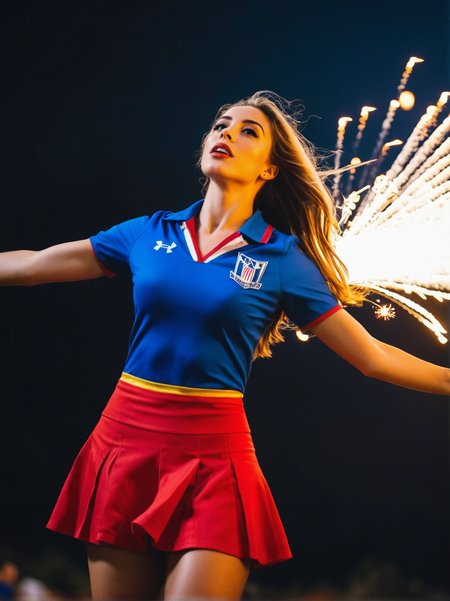 A dynamic cinematic photograph of Brett_Bowles_P_MXAI_SDXL jumping into the air, wearing a cheerleader uniform, happy expression, god rays, fireworks in the background, action shot, dutch angle shot, SK_CINEMATIC, ziprealism