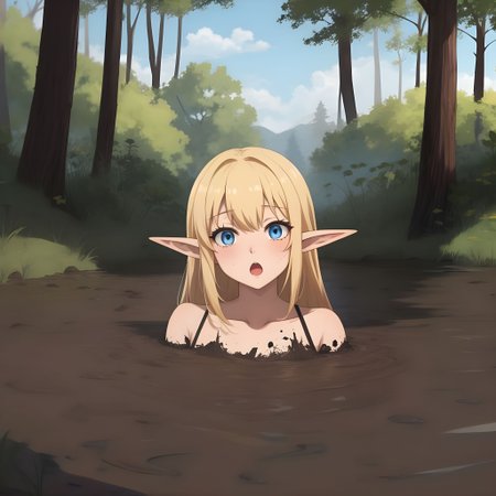 (anime),masterpiece,best quality,amazing quality,absurdres,1girl,quicksand,blue eyes,outdoors,mud bog, black mud, stuck, sinking, scared, swampland, robe, elf, blonde hair, :o, partially submerged