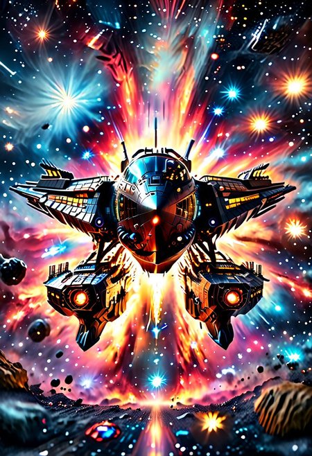 high quality, 8K Ultra HD, highly realistic, The great and sleek black ship is moving forward, blasting through space. It has powerful cannons facing forward that are unleashing powerful blue energy weapon blasts upon an unseen foe. Embark on an enchanting 8K photorealistic journey as a magnificent starship blasts through a star system.  The ship gracefully flies among other ships. The starship's design boasts advanced technological elements. The camera captures every minute detail, by VelvetS, octane render,from slightly to the side.  perfectly symmetrical ship.  Weapons fire blue energy beams.  IT is shooting Blue energy beams, deep space
<lora:DonM3t3rn1tyXL-v1.1:0.7>, DonM3t3rn1tyXL,
OverallDetailXL  <lora:MJ52:0.3>  <lora:SDXLFaeTastic2400:0.4>