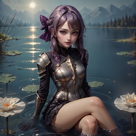 score_9_  score_8, score_8_up, score_7_up,  <lora:ShinoaXL1:1>, SHINOARND, PURPLE HAIR, BROWN EYES, BRAIDED HAIR, PURPLE HAIR BOW, bangs, medium breast, short girl,  (petite), , medium leather skirt , <lora:Armor from HaDeS XL v3.4 Lite:1>, (silver armor:1.3) ,intricate metalwork, master craftsmanship, detailed patterns, silver plate armor,  (leg armor), exquisite leather work, sitting in lake, moving water with her heels, full body shot,  ultimate level of details, masterful lightning, looking at viewer,  <lora:RealisticAnime:0.8> <lora:d4rk01lXLP:0.8> d4rk01l, (incredibly absurdres, (high resolution:1.18), intricate detail, (masterpiece:1.1), (highest quality:1.1), absurdres), best quality
