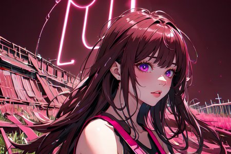 (otherworldly), highly insanely detailed, masterpiece, top quality, best quality, highres, 4k, 8k, RAW photo, (very aesthetic, beautiful and aesthetic), farm, fields, barn, fence, fantfa, <lora:FantasyFarm-10:0.3>, 
1girl, 
(deep burgundy hair ), 
(neon white background,neon pink background ),âââ
