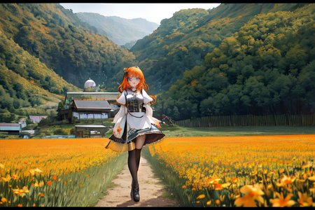 (otherworldly), highly insanely detailed, masterpiece, top quality, best quality, highres, 4k, 8k, RAW photo, (very aesthetic, beautiful and aesthetic), farm, fields, barn, fence, fantfa, <lora:FantasyFarm-10:0>, 
1girl, 
(orange hair,floral patterns hair,orchid hair ), 
(dark background),âââ