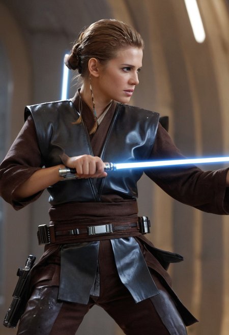 (three-quarter view:1.5) (close-up:0.5) shot of <lora:Anakin_Padawan_Jedi:0.8> Anakin Padawan Jedi is wearing a jedi outfit and holding lightsaber, (((dynamic action pose))), (((engaged in battle with stormtroopers))), 8k uhd, dslr, soft lighting, high quality, background of black sci-fi spaceship corridor, intricate details, masterpiece, trending on artstation, realistic, Cinematic, epic, action packed, incredibly detailed and realistic, magnificent, vignette, high budget, bokeh, moody, sharp, highly detailed, concept art, realistic hands, dynamic pose, dynamic shotfantastic location, majestic cluttered environment, 8k unity render, action shot, skin pores, detailed, detailed face, (vibrant, photorealistic, realistic, dramatic, dark, sharp focus, 8k), (weathered damaged old worn leather outfit:1.5), (intricate:1.5), (highly detailed:1.4), octane render, sharp focus, art by artgerm, (loish:0.23) , wlop ilya kuvshinov, and greg rutkowski and alphonse mucha gracias, (global illumination, studio light, volumetric light),  <lora:Perfect Hands:0.8> Perfect Hands