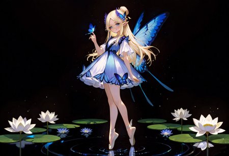 masterpiece, best quality, good quality, very aesthetic, absurdres, newest,1girl, solo, long hair, looking at viewer, smile, blue eyes, blonde hair, hair ornament, dress, closed mouth, standing, full body, white hair, flower, short sleeves, wings, pointy ears, hand up, hair flower, white dress, hair bun, water, high heels, parted bangs, bare legs, blue dress, white footwear, white flower, single hair bun, black background, bug, head wings, butterfly, light particles, blue flower, fairy wings, fairy, tiptoes, dark background, ripples, insect wings, blue butterfly, butterfly wings,  wing hair ornament, lily pad, lotus, butterfly on hand, ballet slippers, glowing butterfly, 748cmstyle