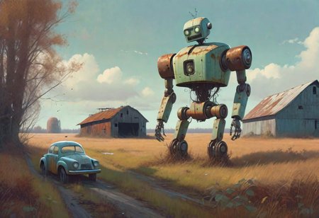 (((ultra high quality photo:1.8))) "vast overgrown field, extremely huge decrepit android, , aged and neglected appearance, advanced technology remnants, natural overgrowth, contrast between nature and forgotten futuristic elements"  a rusted car next to the robot, barn in the distance,   Simon Stlenhag Style, photo in phst artstyle, film photography style, light grain, medium grain, heavy grain