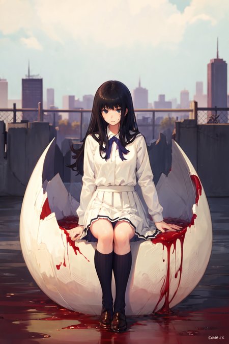 touko, 1girl, solo, skirt, egg, blood, school uniform, sitting, kneehighs<lora:touko:1>