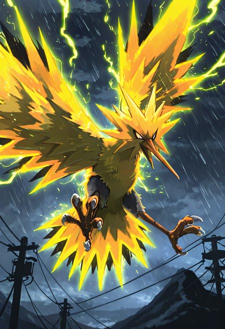 masterpiece, best quality,     zzZapdos,  Rain lashes sideways as zzZapdos floats just above a field of tangled power lines, her body wrapped in a pulsing electric aura. Her spiky yellow feathers bristle with barely-contained voltage, and arcs of lightning dance between her fingers. The wind howls through the landscape, tugging at her wild hair and crackling through the wires. Her intense red eyes burn with fury as she hovers in an aggressive stance, talons clenched, as if ready to unleash the storm itself. Behind her, the sky splits with thunder, echoing her elemental wrath.  ,,<lora:ZapdosPokedex_IXL_v1:1.0>,