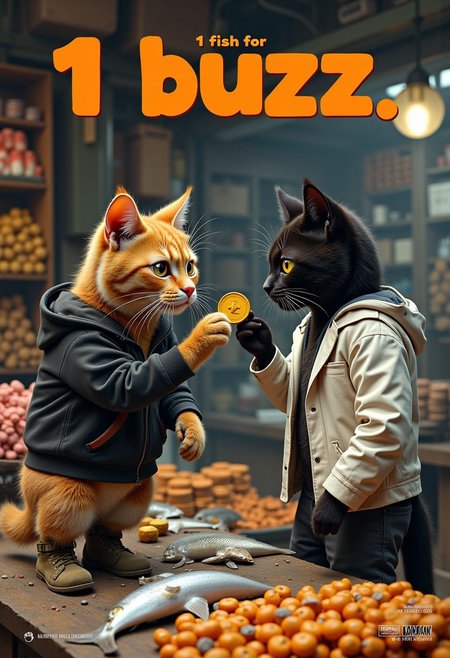 a realistic picture,((((Display the text " 1 fish for buzz, " on top a movie poster))))
Movie poster of fish transaction between orange cat and black cats, ((orange cats wearing pants , military boots and  wearing black hoodie, and  the orange cats standing in front fish stall in market, the black cat wearing white casual suit,))the black cat buy fish in orange cats stall  ,the black cat hand offer BUZZ COIN,( the usual stacks of cash  Instead, the shelves are lined with small, neatly arranged coins, each shaped like a tiny, stylized orange lightning bolt. The coins are labeled as "Buzz." )) to a fishmonger cat, 8k, ultra detailed, at the market, <lora:cashbaba:0.6>  <lora:xl_more_art-full_v1:0.5> I  background: traditional fish market ,his two paws are grasping onto a bright yellow buzz coin,that is almost his size as he is trying to drag it off the counter top, logo:1.9 <lora:Harrlogos_v2.0:1.9>, (full body shots),