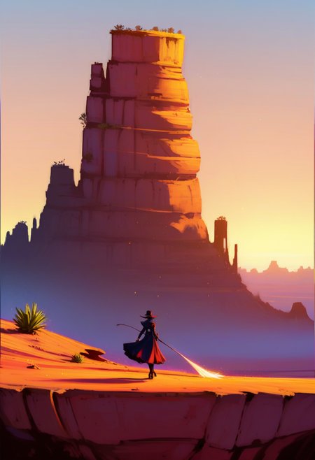 score_9, score_8_up, digital painting, concept art, brush strokes, painterly, extremely detailed, asymmetric shot, dynamic composition, dynamic poses, elegant, 2D, cinematic shot, anime screencap, asymmetric composition,
score_9, score_8_up, ultra-wide landscape shot, sweeping view of towering desert cliffs during sunset, warm orange and purple hues filling the sky, sun setting on the horizon casting dramatic shadows over cliffs, deep canyon cutting through the landscape, dynamic composition with foreground rocks leading into background cliffs, wisps of clouds glowing in the sunset, faint cactus silhouettes in distance, extreme attention to detail in rock textures, high contrast, cinematic colors, HDR effect, highly realistic lighting 
<lora:EP Vibrant Digital painting:0.5>