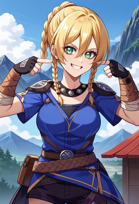 score_9, score_8_up, score_7_up, source_anime, 1girl, duofinger, pointing at self, upper body, <lora:DuoIndexFingerPointingAtSelf_XLPD:1.1>,  <lora:yskarja-pdxl-nvwls-v1-000005:1> ysKarja, blonde hair, braided ponytail, twin braids, green eyes, feathers, necklace, shoulder armor, blue tunic, belt, black shorts, armored legwear, fingerless gloves, medium breasts, grin, looking at you, blue sky, mountains