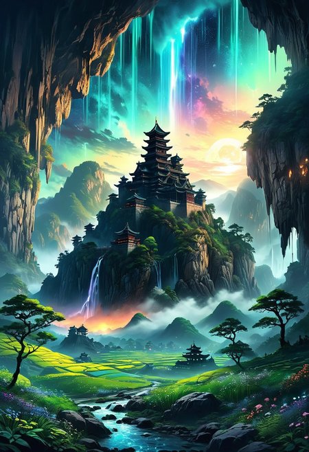 (by Ellen Jewett:1.5), (Bioluminescent Impressionism, alien mountain landscape , The Dreamland, A captivating night scene illustration featuring a Korean castle base on a great  great mountain. The great castle stands proudly on the great great mountain.  This enchanting artwork captures a dark but comforting night, where a brilliant moon hangs above and over the  great valley  and great Korean castle in Korea which  stands resolute amidst the great mountains, creating a cinematic experience., space_backround, illustration, cinematic
<lora:DonM3t3rn1tyXL-v1.1:0.7>, DonM3t3rn1tyXL,
OverallDetailXL  <lora:MJ52:0.3>  <lora:SDXLFaeTastic2400:0.4>  <lora:EpicF4nta5yXL:0.7>.  great beams of light shooting up into the sky,  sky sunset, sunrise ,waterfall, ethereal landscapes, depth of field, biotech emotion:1.3) <lora:xl_more_art-full_v1:0.5> <lora:add-detail-xl:1> <lora:RMSDXL_Creative:2>