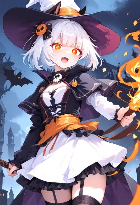 (masterpiece), (score_9, score_8_up, score_7_up,source_anime), 4K8K, 
from behind, Floating Halloween pumpkins, 
halloween, halloween fantasy, trick or treat, adjusting clothes, 
Japanese cute woman, closed legs, (solo), cream skin, burning pumpkin, Fire Ball spell casting, (dark aura:1.4), open mouth, Canine, tooth, fang, cat tails, 
(medium figure:0.9), (pointy breasts:1.1), 
(opal hair, bob cut hair), (red glowing eyes, slanted eyes:1.2), 
(wearing white Witch Costume, witch, white dress, white hat, zettai ryouiki, orange  garterbelt,  thighhighs:1.2), misty, steam, fog, skull object, burning skull, burningeye, flaming eye, flaming sword, 
(in Foggy graveyard at dark night:1.3), nekomata, cat girl, cat ears, animal ears, animal ear fluff,