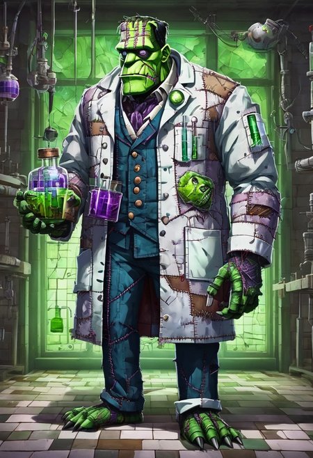 fleshmutant frankenstein's monster wearing a labcoat and holding a beaker inside of a laboratory,patchwork creature,patchwork skin,2d,anime