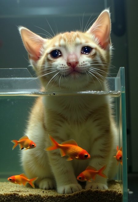 realistic photo of crying cat in a small aquarium, the cat's head is above water, fish are swimming in the aquarium