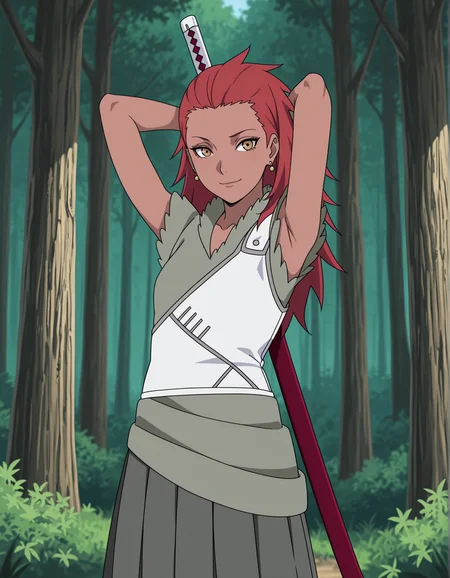 masterpiece,best quality, absurdres, highres,  <lora:Karui Illu:0.9> karuiillu, green shirt, white vest, grey skirt, earrings, katana on back, looking at viewer, outside, forest, arms behind head, smile