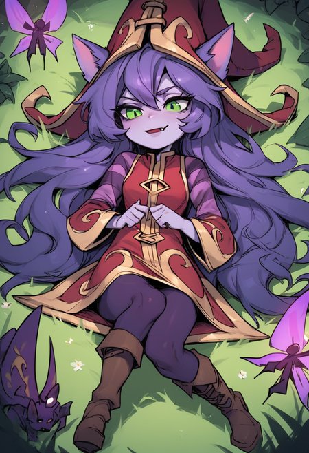 score_9, score_8_up, score_7_up, score_6_up,1u1u, lulu, 1girl, green eyes, yordle, colored skin, purple skin,long hair, purple hair, animal ears,dress, long sleeves,hat, witch hat, ears through headwear, boots, fairy  <lora:Lulu_Default_v2:0.8>, lying on grass,  <lora:Manwha_Anime_Style:0.8>,manhwastyle