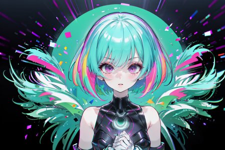 highly insanely detailed, masterpiece, top quality, best quality, highres, 4k, 8k, RAW photo, (very aesthetic, beautiful and aesthetic),  
(rsef style,fevercell style),glitch_effects,cybernetic_elements,futuristic_design,psychedelic_art,science_fantasy,holographic_effects,chromatic_aberration,neon_lighting,overlapping_shapes,vivid_colors, 
<lora:rsef-000225:1>, 
(1girl:1.3), 
1other, 
, 
, 
, 
, 
neon blue background,neon green background,(fluorescent background,bold color background,colored confetti background), 
,âââ