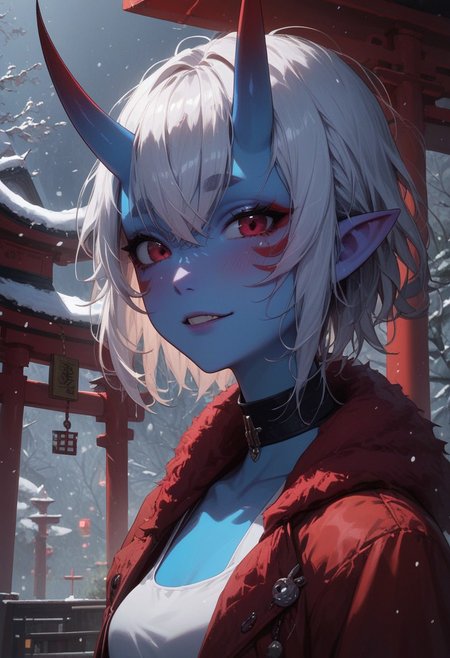 score_9_up, score_8_up, score_7_up, score_6_up, 1girl, solo, 25 years old, perfect face, 
detailed face, blush, shy smile, portrait, face focus, depth of field, looking at viewer, close up,  
red eyes, white hair, short hair, messy hair, crossed bangs, hair between eye, pointy ears, black choker, (blue skin:1.4), (oni:1.4), blue oni, facial tattoo, tattoos, 
white crop top, tank top,
red coat, fur-trimmed coat, 
outside, snow, snowing, new year, east asian architecture, shrine, pagoda, torii, side view, 
DreamArt,