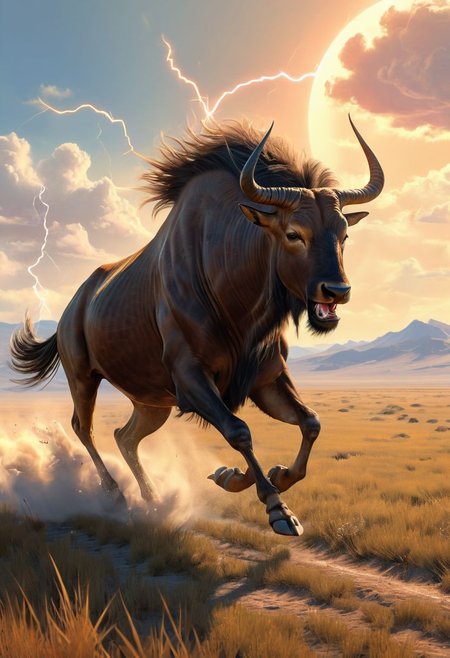 Realistic painting of a male wildebeest galloping powerfully across a vast steppe, with dynamic ray tracing capturing the sunlight filtering through an expansive sky, by artists inspired by the detail and lifelikeness of George Stubbs and the dynamic compositions of Frederic Remington, cinematic composition, trending on ArtStation
BadDream, anzhcdreamwave, aesthetic, glowneon, glowing, sparks, lightning