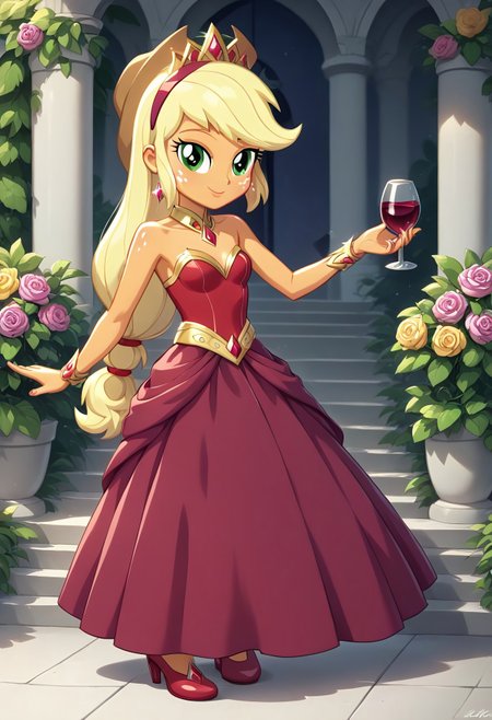 score_9, score_8_up, score_7_up, score_6_up, source_cartoon, rating_safe, My Little Pony Equestria Girls, very young little human girl Applejack wearing a fit green|brown|darkpurple|wine|red gradients colors short princess dress, elegant detailed princess shoes, solo, 1girl, little princess girl, gradient golden blond hair with crown hairband, smile, childhood, looking at viewer, glow detailed eyes, garden of canterlot, tul, chiffon, laces, semi realistic cartoon, unreal engine 5,  full body close-up, absurdres, digital art, soft light, perfect hands, perfect, hands, perfection, soft orange skin, green eyes, apples accesories and shoes, jewelery, tres chic,<lora:age_slider_v4:-4>,