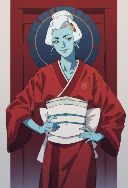 score_9_up, score_8_up, score_7_up, score_6_up, 1girl, solo, Babi-0nna, colored skin, blue skin, blue eyes, white hair, short hair, single hair bun, hair ornament, red kimono, long sleeves, wide sleeves, white obi, one hand on hip, sly smile, standing, (japanese temple), (realistic, painted art)
