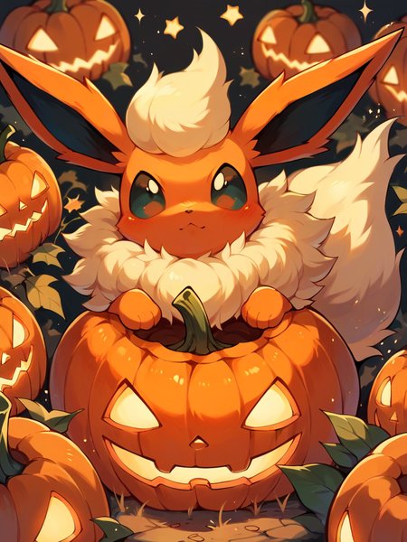 score_9, score_8_up, score_7_up, score_6_up, score_5_up,   <lora:halloweenpokemonXLP:0.7> halloween pokemon, no humans, jack-o'-lantern, (flareon:1)