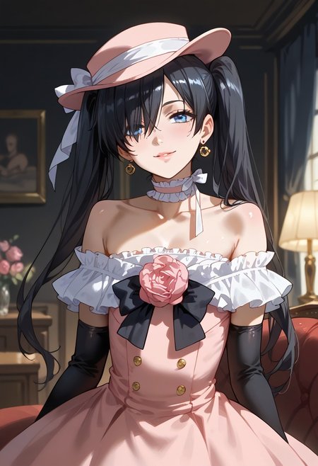 (score_9,score_8_up,score_7_up:1), nsfw, uncensored, dark, low-key, view from center, ambient lighting, rating_explicit, verybadimagenegative_v1.3, <lora:add-detail-xl:1>,  source_anime, 2D, Expressiveh!, (high detailed skin:1.1), (high quality:1.1),
((((Ciel_PhantomhiveBB,1girl,blue eyes,black hair,long hair,twintails,hair over one eye,flower,choker,hat,pink headwear,dress,frills,crossdressing,bare shoulders,rose,elbow gloves,earrings, flat chest,)))), (((pillow, standing before sofa, leaning forward, big ass, love)
((( seductive pose, erotic pose ))), shiny skin, oiled skin, wide hips, seductive smile, trembling, 
((( standard living room, shelves, dark room, low light, dark background, dark ambient, blurry background, ))), 
(((motherly, heartfelt smile, seductive face, sexual charisma, head tilt))), half closed eyes, (shiny skin),