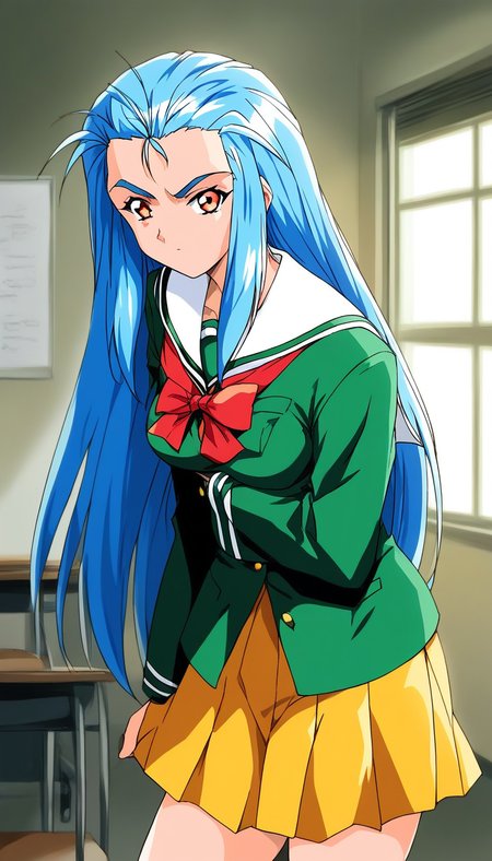 score_9, score_8_up, score_7_up, source_anime, rating_explicit, BREAK <lora:Minazuki_Kotoko_XL:1> Minazuki_Kotoko, blue hair, long hair, orange eyes, medium breasts,
1girl, solo, school uniform, scowl, looking at viewer, long sleeves, green shirt, serafuku, indoors, shirt, window, 1990s (style), Yellow skirt,
down arms,