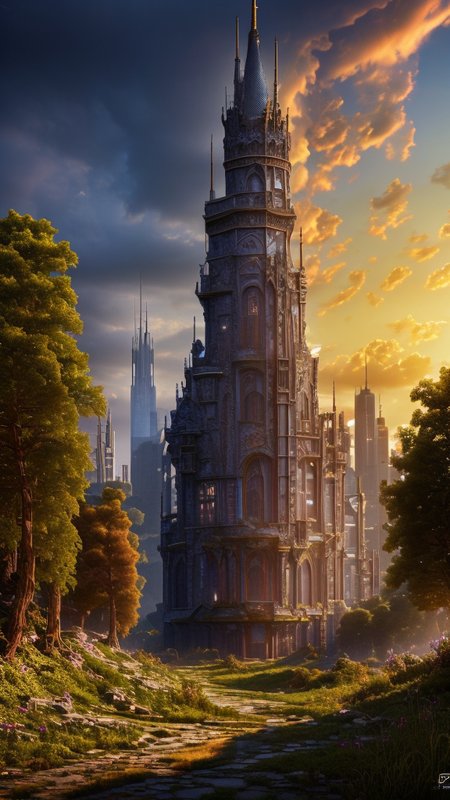 Stained glass style, 
Techwear fashion, 
Masterwork Painting, Magnum Opus, 
 <lora:Wizard_Tower:0.75> witow, castle, cloud, cloudy sky, grass, no humans, scenery, sky, tower, tree, 
<lora:Fantasy_Mountains:0.75> fanmou, footprints, forest, grass, nature, no humans, outdoors, sky ,
  highres, 8k, uhd, High Dynamic Range, tonemapping, crisp details,  intricate details, fine details,
. Futuristic, cyberpunk, urban, tactical, sleek, dark, highly detailed,
. Vibrant, beautiful, translucent, intricate, detailed