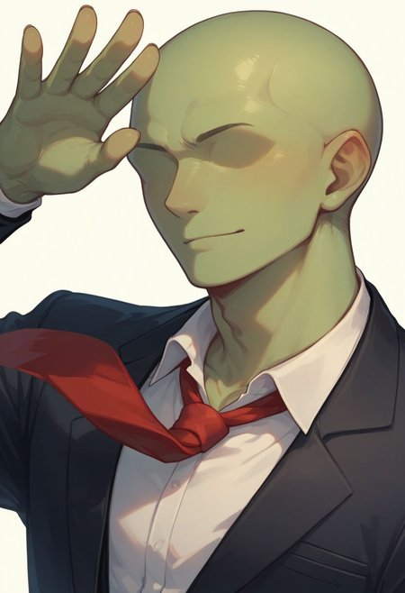 score_9, score_8_up, score_8,
1boy, solo, green skin, no eyes, no eyebrows, bald, black business suit, white under shirt, red tie, black suit pants, average body, cowboy shot, waving, white background