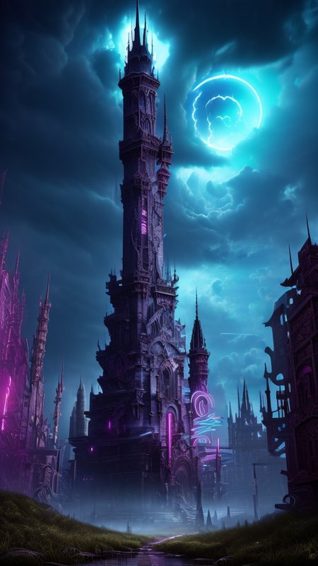 Neon noir, 
Gothic style, 
Masterwork Painting, Magnum Opus, 
 <lora:Wizard_Tower:0.75> witow, castle, cloud, cloudy sky, grass, no humans, scenery, sky, tower, tree, 
<lora:Fantasy_Mountains:0.75> fanmou, footprints, forest, grass, nature, no humans, outdoors, sky ,
  highres, 8k, uhd, High Dynamic Range, tonemapping, crisp details,  intricate details, fine details,
. Dark, mysterious, haunting, dramatic, ornate, detailed,
. Cyberpunk, dark, rainy streets, neon signs, high contrast, low light, vibrant, highly detailed