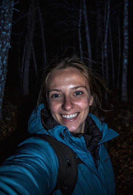 girl at night in the wood, selfie, dressed for trekking, winter, laughing, at night, very dark, infrared photography, without flash, grainy, ((motion blur)), blurry,  walking