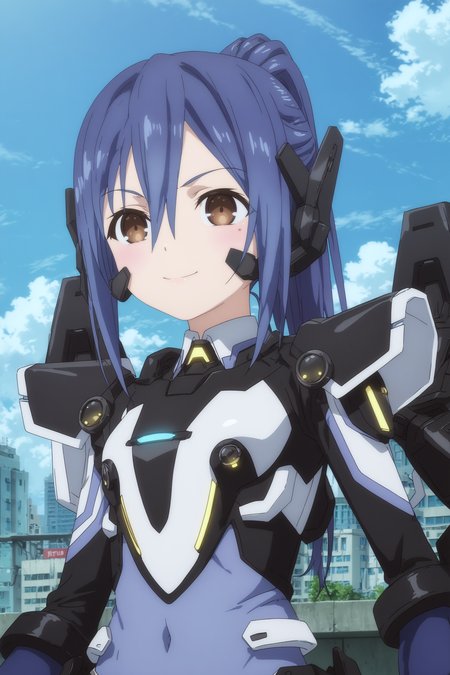  mana takamiya,1girl,solo,long hair,ponytail,mole_under_eye, mole,hair between eyes,hoodie,upper_body,bodysuit,pilot_suit, mecha musume,covered_navel,  BREAK smile,standing, BREAK  outdoors,blue_sky,city,building  