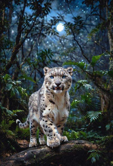 A majestic snow leopard with thick, spotted white fur and piercing blue eyes walks gracefully through a dense jungle at night. Soft moonlight filters through the canopy, casting an ethereal glow on the leopard and the surrounding foliage. The air is filled with the sounds of the night: distant owl calls, rustling leaves, and chirping insects. The snow leopard pauses and turns to snarl at the viewer, its sharp teeth bared and eyes gleaming, exuding strength and mystery as it navigates the moonlit jungle. dark, night, mid night, high details, realistic, photo, Milky Way, Night sky