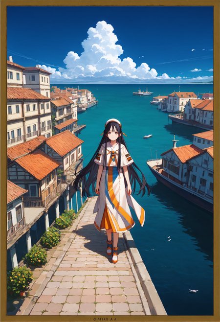 score_9, score_8_up, score_7_up, masterpiece, best quality, very aesthetic, absurdres,
<lora:Amano_Kozue_å¤©éããã_Style_Pony-000010:0.8> (amano_kozue:1.2), aria \(manga\),
1girl, solo, black hair, long hair, clear eyes, from front,
blue sky, ocean, port  town,