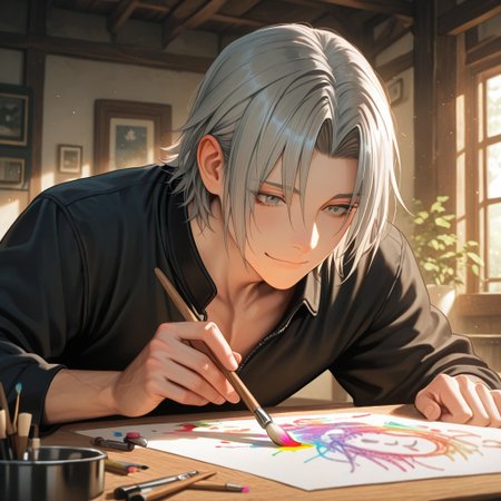 masterpiece, best quality, amazing quality, absurdres, newest, detailed background, definition so sharp, Ultra-HD, 8K cinematic, very awa, impressionate, amazing quality, highres, 
solo, male focus, manly, 
yashiroisana, 1boy, short hair, parted bangs, shiro_pretime, shiro_grey hair, shiro_grey eyes, drawing, focused expression, but with a slight smile, calm, art studio, natural light, paintbrushes, colorful, playful, aesthetic, creative