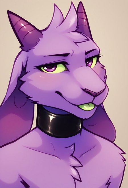 score_9, score_8_up, score_7_up, BREAK, by darkmirage,  yagi, anthro, horns, long ears, purple eyes, green sclera, purple body, purple horns, purple fur, BREAK, black choker, solo, bust, looking at viewer, tongue, green tongue, head to side