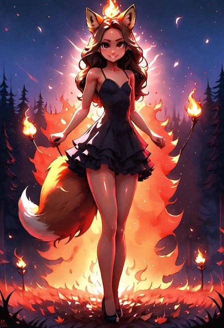 (1girl:2.0), dark brown hair, colorful, very high quality, perfect, (insane details:1.3), (dark brown fox ears and three fox tails:1.5), (3 fox tails:1.5), HDR, UHD, 64K, highly detailed, (magically hovering red flame above hand:1.3), (tip of tails covered in red flames:1.3), (tip of tails engulfed in red flames1.3), (night sky:1.4), (dark forest:1.4), (looks tough:1.3), (wearing red and black dress:1.2), (no flames everywhere:1.4), (human:1.5), (high quality:1.5), (pretty:1.5), revealing dress, score_9, score_8_up, score_8, score_9, 1girl, miniature,  
small chest, petite body, showing lots of skin, very sexy, very cute, long legs, shiny skin, dark brown hair, red eyes,
volumetric lighting, cinematic lighting