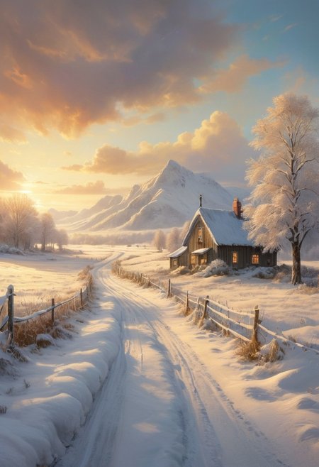 A peaceful nordic winter countryside scene bathed in the warm glow of golden hour, where soft light transforms the landscape into a tranquil haven. Gentle palette captures the serenity of the moment, infusing the fields and sky with harmonious hues. Dreamlike quality adds an ethereal touch, blurring the lines between reality and imagination as clouds drift lazily overhead. Meanwhile, Boris Vallejo’s fantastical elements introduce a sense of wonder, perhaps featuring whimsical creatures or enchanting flora that invite the viewer to explore this idyllic setting. Together, these artistic styles create a serene composition that celebrates the beauty and magic of rural life, evoking a feeling of peace and contentment.
 (8k uhd:1,4)
