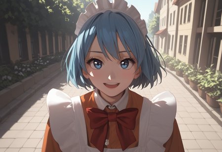 abbystea style, score_9, score_8_up, score_7_up, best quality, high detailed, BREAK
female, solo, long eyelashes, cute, 
Chikoi the Maid, maid, white maids headband, blue hair, short hair, blue eyes, Red bow tie, orange maid suit
looking at you,
scenery porn, outdoors,
sunlight, high angle, face focus, saturated colors, smile, open mouth
