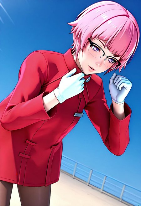 <lora:sdxl_lightning_8step_lora:1> <lora:Fixhands_anime_bdsqlsz_V1:1>score_9, score_8_up, score_7_up, source_anime, intricate details, perfect anatomy BREAK
1girl, solo, gis-esakipurin, pink hair, short hair, purple eyes, black-framed eyewear, red coat, white gloves, gis-esakipurin outfit, brown pantyhose, black boots,
dutch angle, hands up, Passionate, A heated look, a flushed face, and a quickened breath., outdoors,
<lora:gis-esakipurin_XL(pony)fix:0.9>