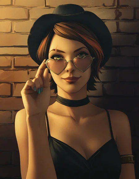 <lora:FLMGR-IL:1>, flmgr, film grain, cinematic, realistic, (masterpiece, best quality, ultra-detailed, absurdres, newest, detailed textures, correct anatomy:1), 1girl, <lora:Utility_-_Hands_v5.5:1>, detailed_hands, elegant_fingers, perfect female's hand, five fingers on each hand, <lora:Fiona:0.7>, fiona \(borderlands\), brown hair, green eyes, 
single red hair streak, eyebrow scar, bowler hat, turquoise nails, heart-shaped eyewear, reflective eyewear, adjusting eyewear with one hand, upper body, looking at viewer, spaghetti strap, choker, against wall, brick wall, graffiti, smug, looking over eyewear, single armlet, fingerless glove