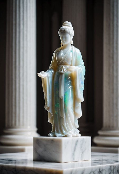Fujifilm XT3, Sony A7 IV, (award winning photography) a (white: 0.89) marble simple stylized (figurine) made of opal (Kintsugi: 0.89) set on a pedestal in temple, glistening. in the background beautiful pillars, divine (iridescent: 0.79), opalescent textures, volumetric light, ethereal, sparkling, studio photo, highly detailed, sharp focus (highest quality: 1.39) (highest coherency: 1.39) (award winning photography), highly detailed photography, (muted colors, cinematic, dim colors, soothing tones:1.2), vibrant, insanely detailed, hyperdetailed, (dark shot:1.2), (vsco:0.3), (intricate details:0.9), (hdr, hyperdetailed:1.2) (vignette), sss, raw photo, fijifilm, kodak, cinematic film grain