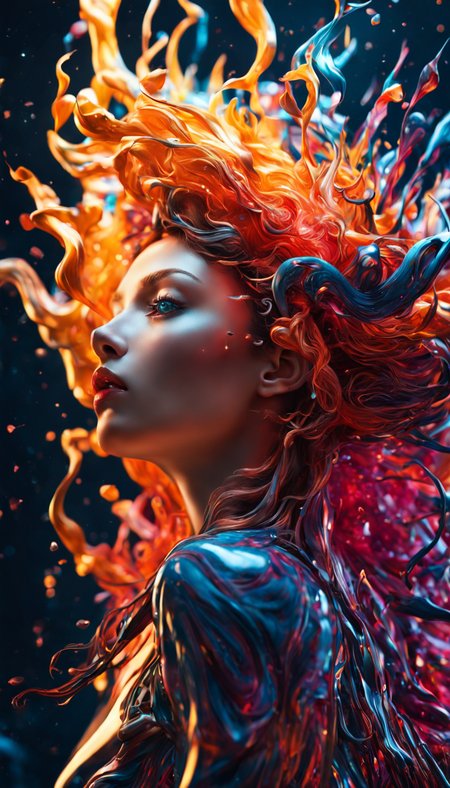 ultra detailed artistic abstract photography of liquid lust, detailed captivating eyes on molten statue, asymmetrical, gooey liquid hair, color exploding lips, highly refractive skin, Digital painting, colorful, volumetric lighting, 8k, by Cyril Rolando, by artgerm, Trending on Artstation, 16k resolution, 300 dpi, 600 dpi, 4k, Contest winner, High definition, detailed, realistic, 8k uhd, high quality